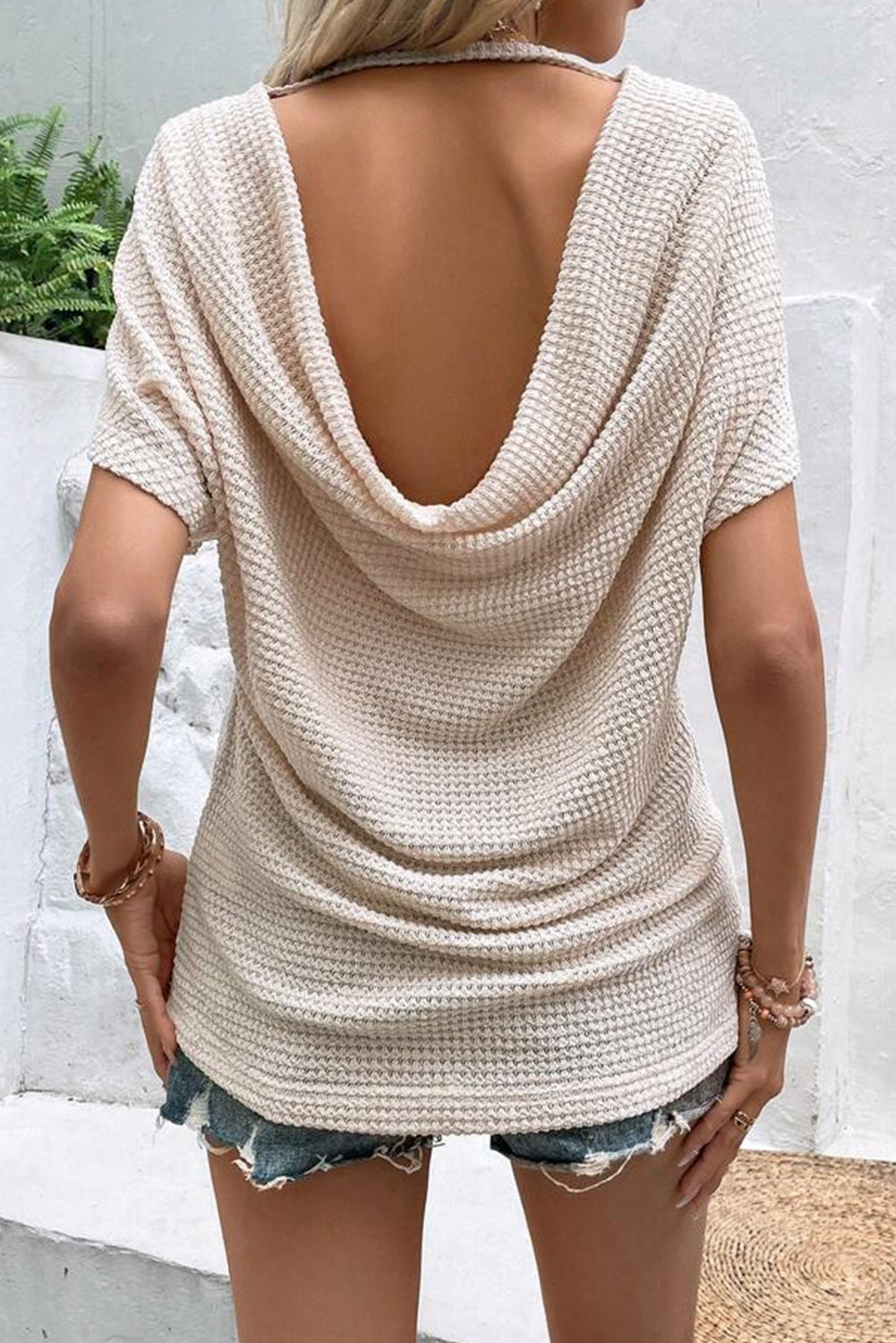 Apricot Waffle Knit Draped Back Batwing Sleeve Tee