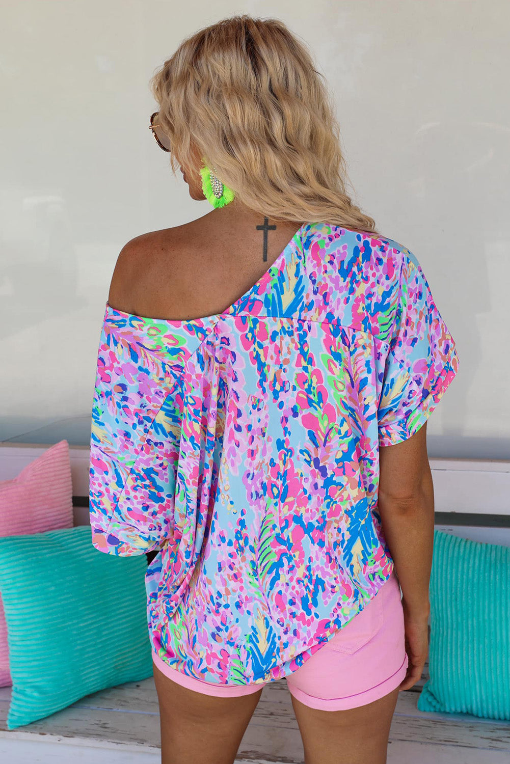 Pastel Blue Abstract Floral Print Short Sleeve V Neck T Shirt