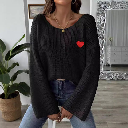 Pull à col rond et manches évasées pour femme avec broderie Love