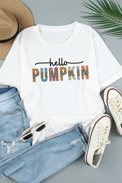 Camiseta blanca con gráfico de cuello redondo de Halloween Hello Pumpkin