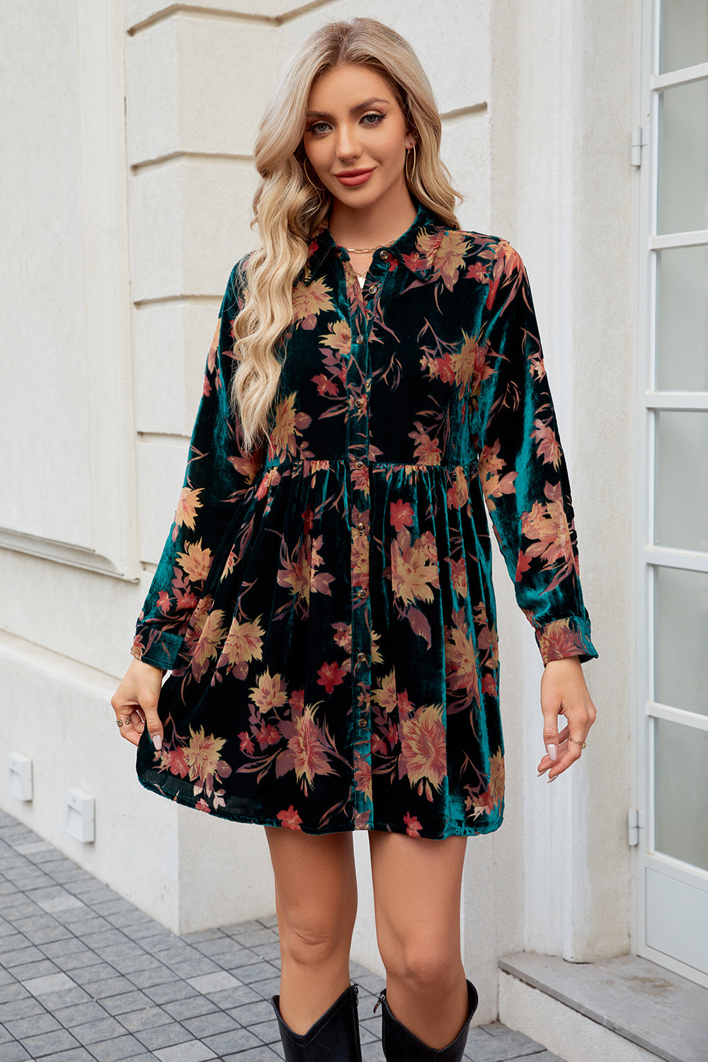 Floral Button Up Collared Neck Shirt Dress