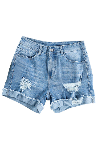 Short en jean bleu clair décontracté déchiré à ourlet roulé