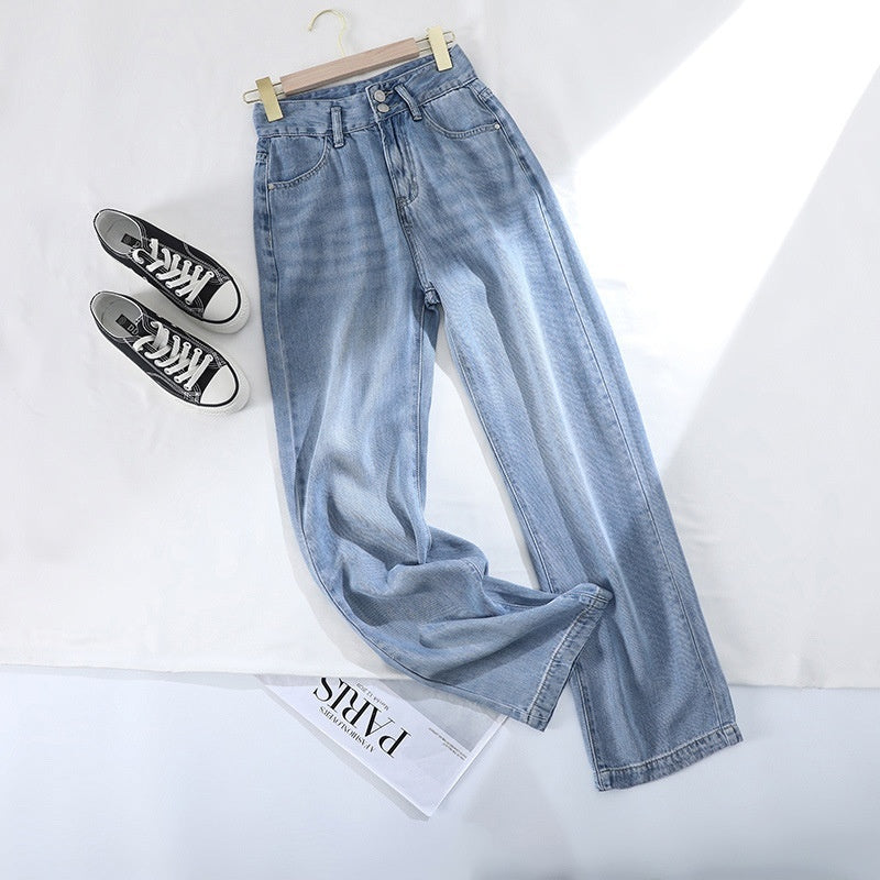 Draping Effect Jeans Women's Thin High Waist Straight Ice Silk Wide-leg Pants