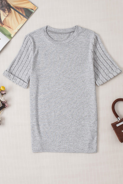 Gray Ribbed Splicing Short Sleeve Round Neck T-shirt