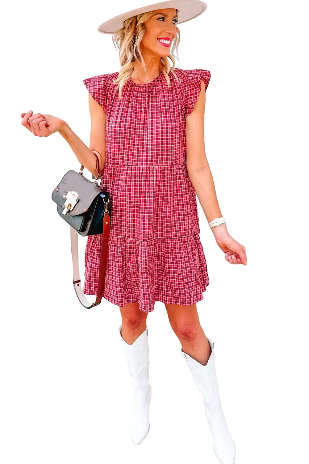 Red Clay Plaid Flutter Sleeve Tiered Mini Dress