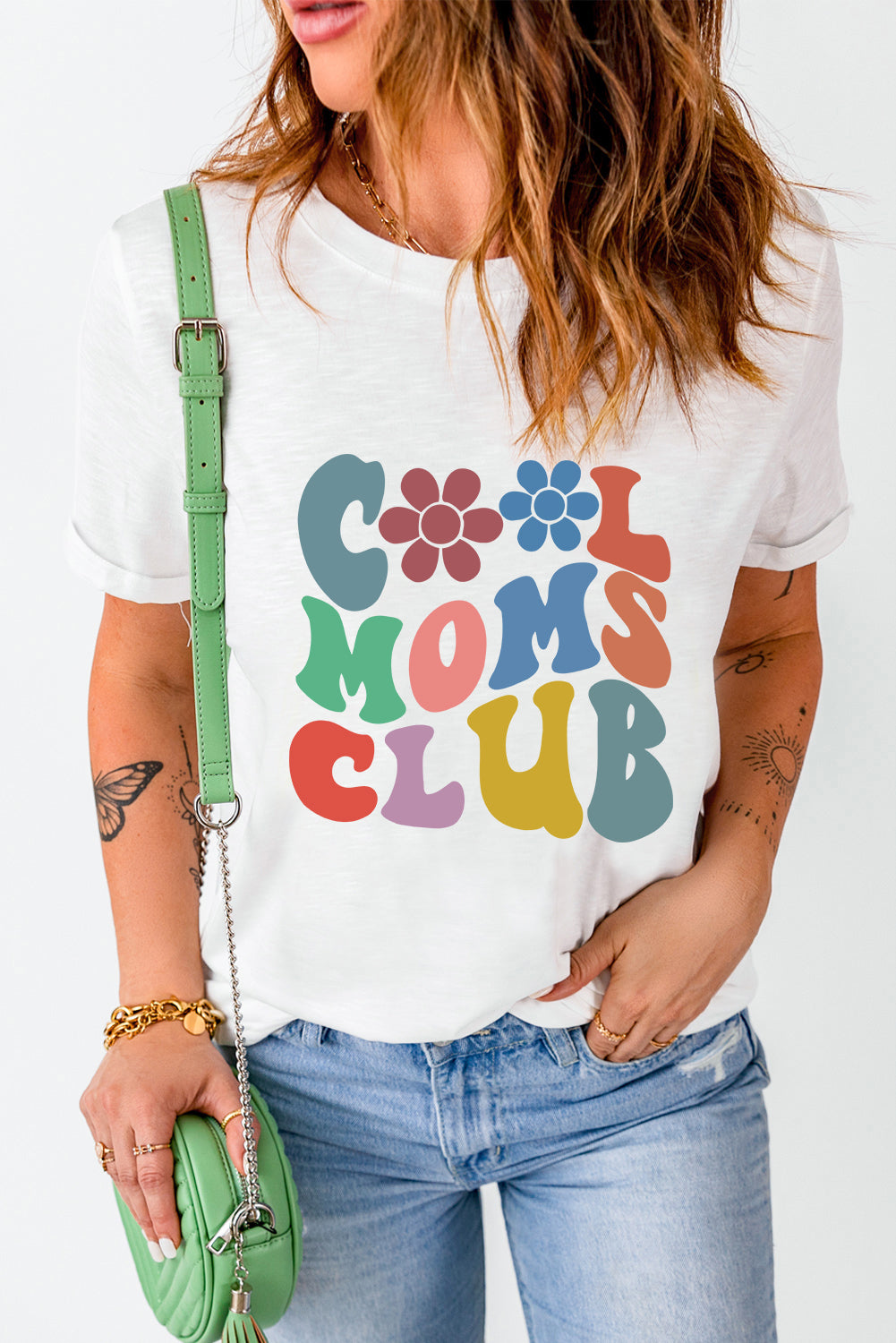 T-shirt blanc à col ras du cou avec motif floral COOL MOMS CLUB