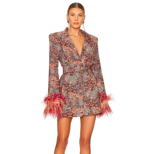 Women's V-neck Floral Cuff Feather Dress And Coat