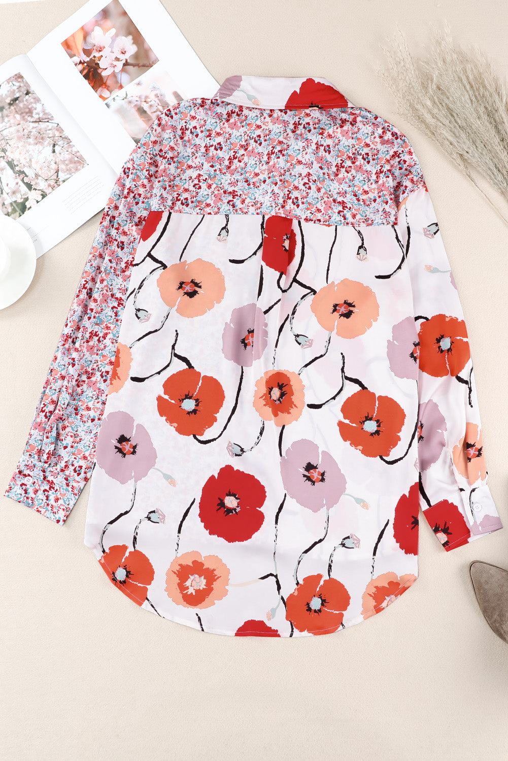 Chemise boutonnée en patchwork avec poches florales bohème rouge