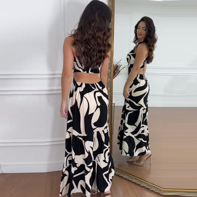 Women's Fashion Printed Square Collar Backless Long Dress