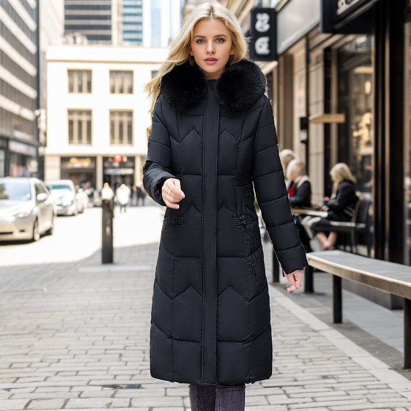 Manteau Long d'hiver avec col en fourrure épaissie, veste droite Slim rembourrée en coton pour femmes