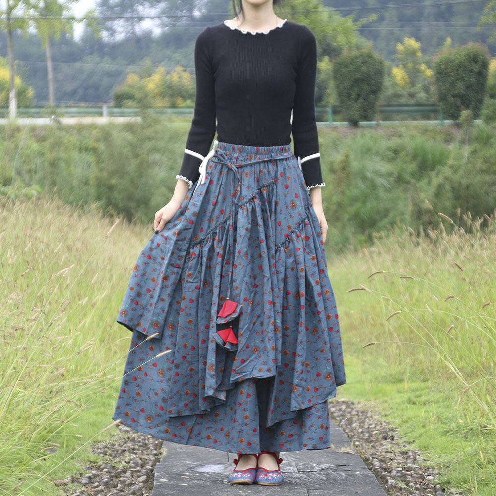 Falda estampada de algodón y lino de mujer de estilo étnico