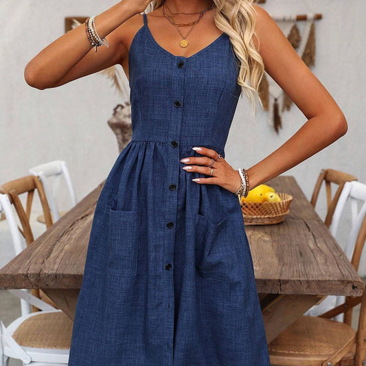 Women's French-style Off-shoulder Button Sling Dress