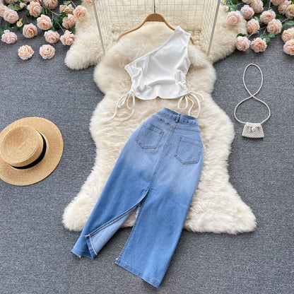 Women's Fashion Pleated Tie Crossbody Vest Irregular Raw Hem Denim Skirt Two-piece Set