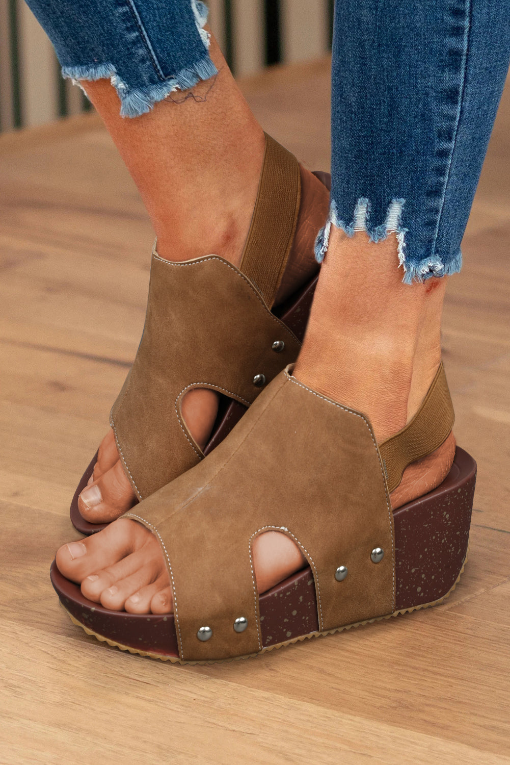 Camel Retro Studded Faux Suede Wedge Sandals