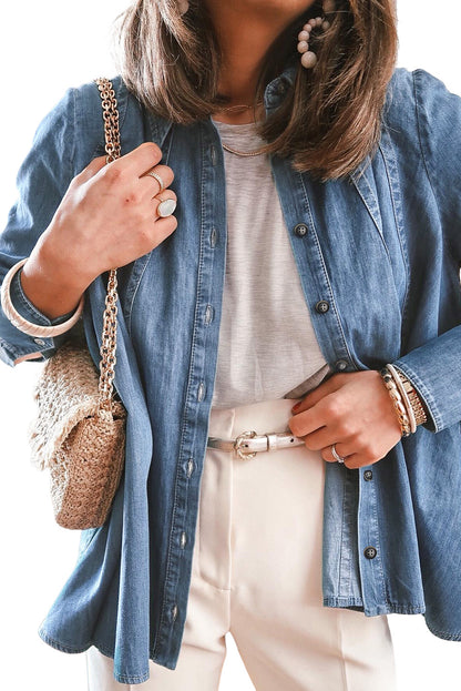 Veste chemise en jean boutonnée à manches longues bleu ciel