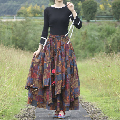 Falda estampada de algodón y lino de mujer de estilo étnico