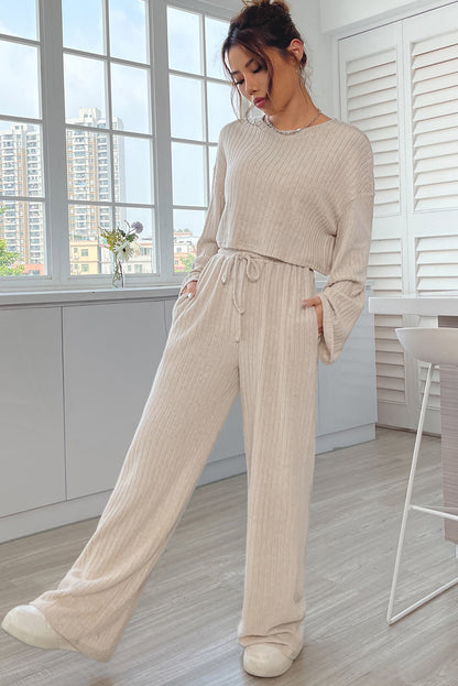 Khaki Ribbed Long Sleeve Crop Top & Drawstring Pants Set