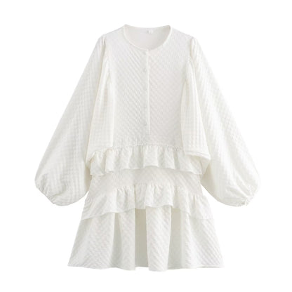 Casual Simple Puff Sleeve Ruffled Dress