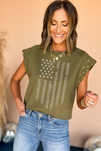 Camiseta de manga con tachuelas y estampado de rayas y estrellas de diamantes de imitación verde guacamole