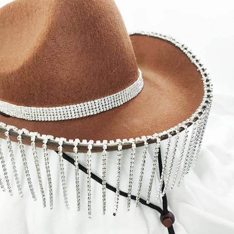 Sombrero de mezclilla occidental con borlas de diamantes de imitación para fiesta nupcial