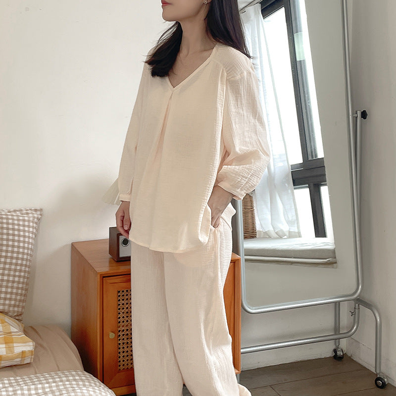 Double-layer Cotton Yarn V-neck Pajamas Suit Comfortable Homewear