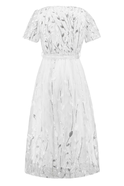 Sequin Leaf Embroidery Tie Front Short Sleeve Dress