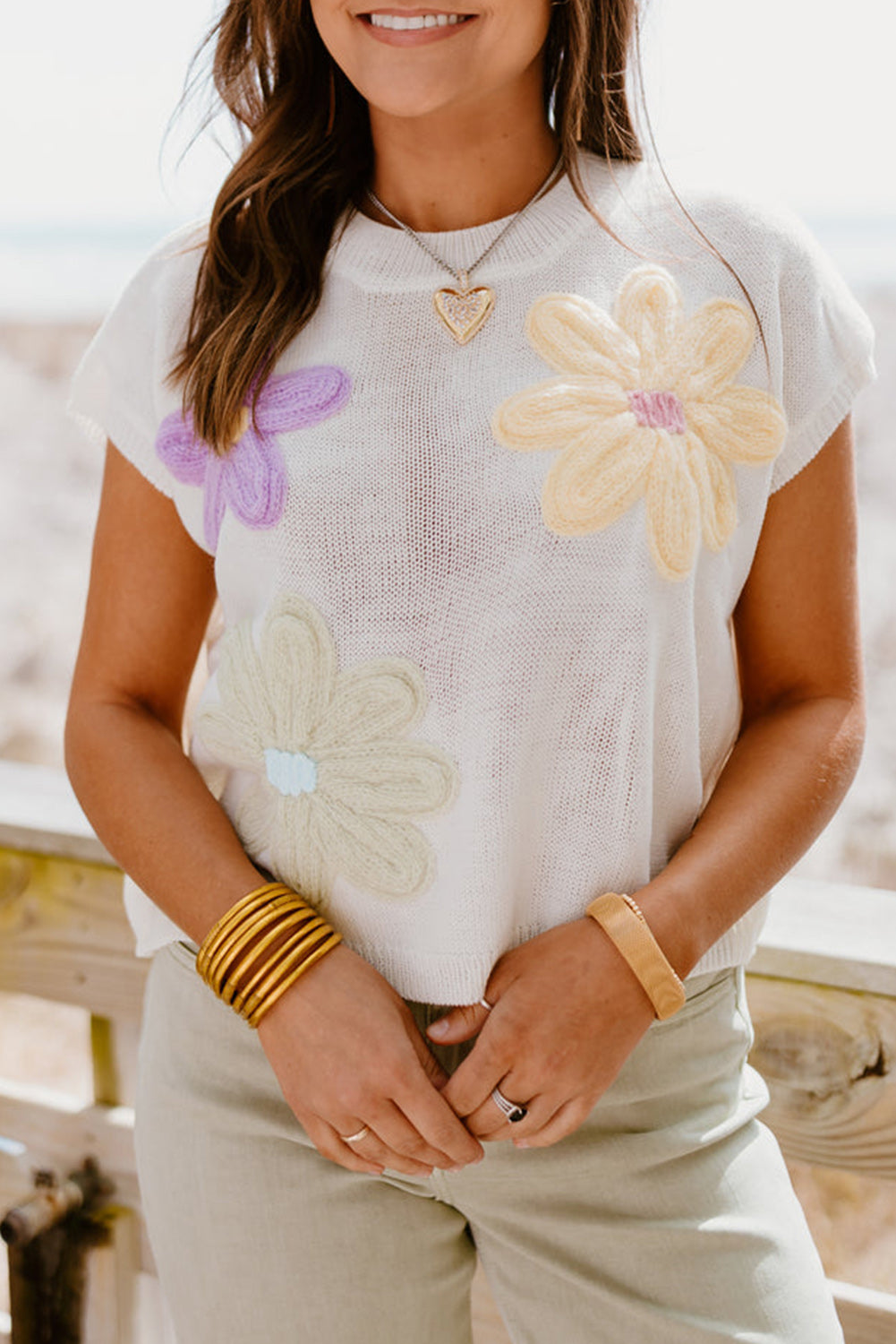 White Flower Short Sleeve Crop Knit Tee