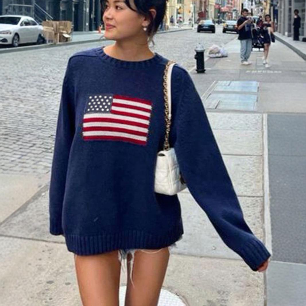 Pull à manches longues et col rond rétro pour femme