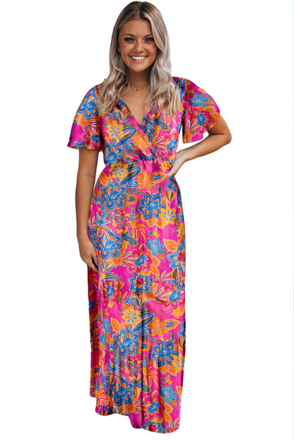 Robe portefeuille longue à manches courtes et col en V, imprimé abstrait Boho Rose, vente en gros