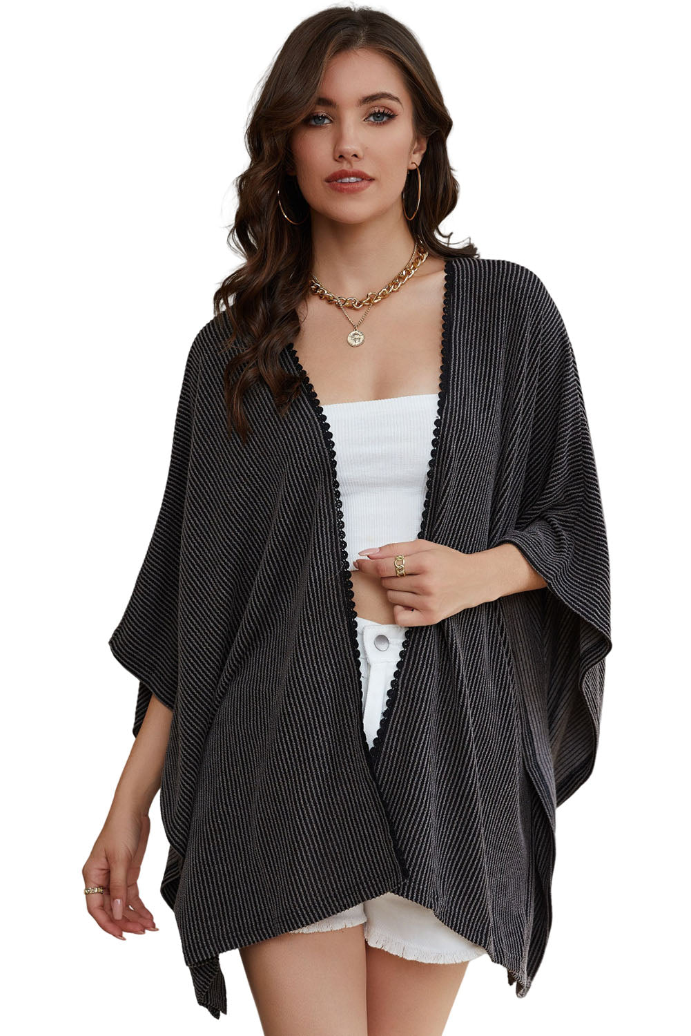 Apricot Lace Trim Ribbed Oversize Kimono