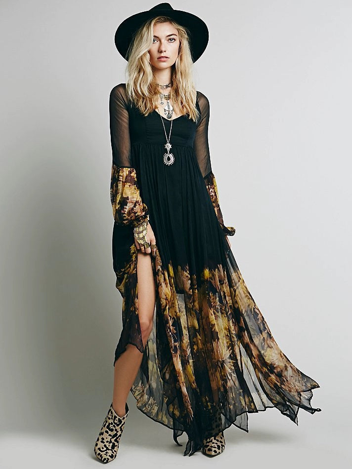 European And American Low V-neck Pleated Chiffon Dress Irregular Hem