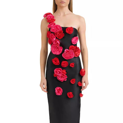 Fashion Shoulder Belt Flowers Bandage One-piece Dress Women