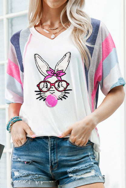 White Easter Rabbit Graphic Striped Sleeve Loose Tee