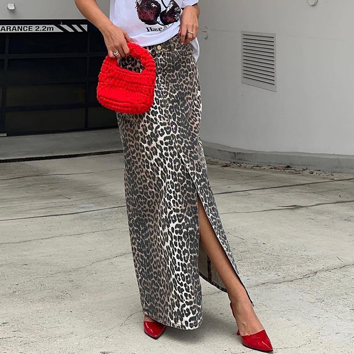 Commute Style Cotton Leopard Print Straight Ankle Skirt European And American Spring Fashion Long Skirt