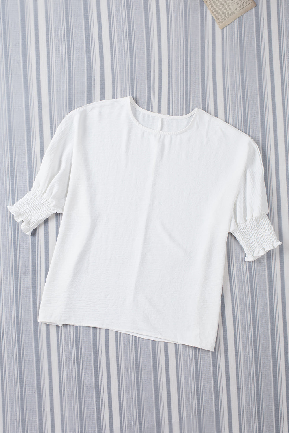 White Plain & Casual Shirred Cuffs Half Sleeve Top