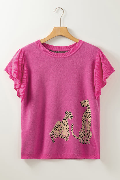 Pink Leopard Ruffled Sleeve Round Neck Knit Sweater