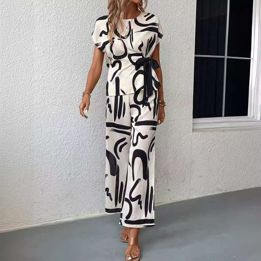 Women's Wide-leg Pants Short Sleeve Two-piece Suit