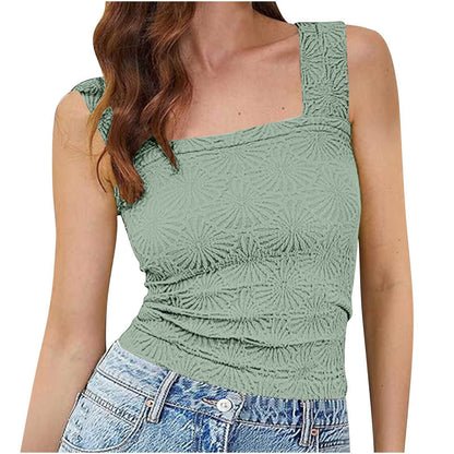 Women's High Elastic Tight Jacquard Square Collar Sleeveless Vest Top