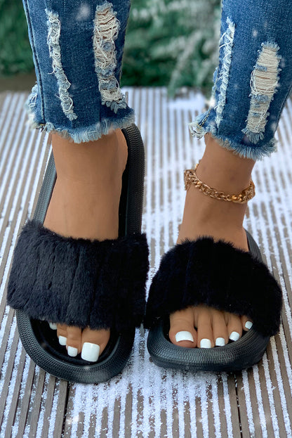 Black Comfy Plush Band Open Toe Flat Slippers