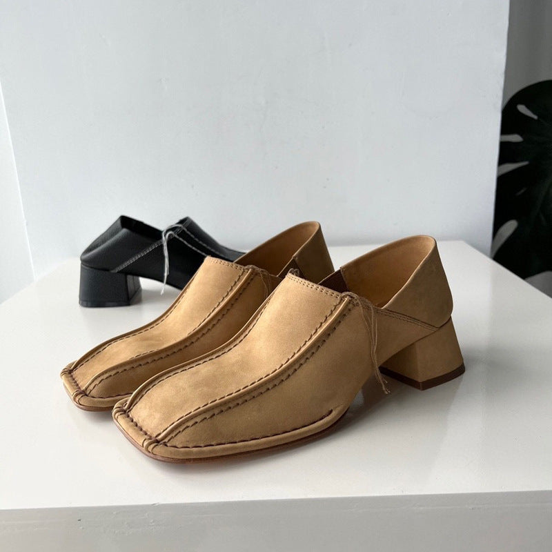 Petites chaussures simples en cuir pour femmes, rétro, tête carrée, talon moyen épais, nouvelle collection