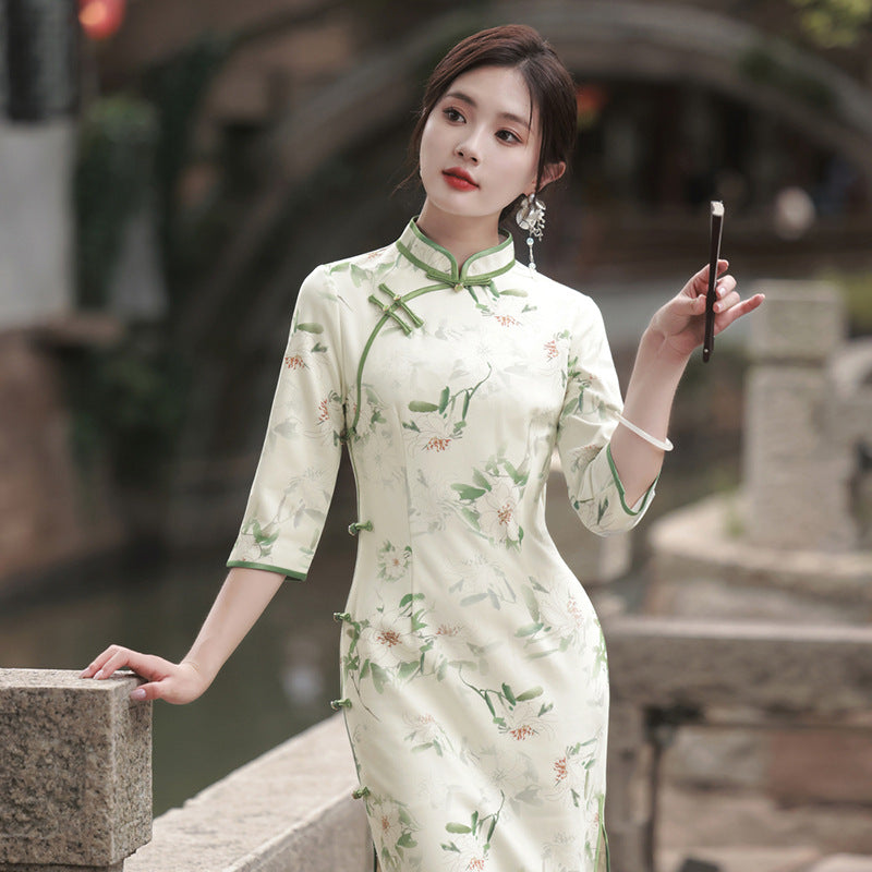 Suzhou – Cheongsam élégant en daim de haute qualité, manches trois-quarts, rétro, Style républicain chinois