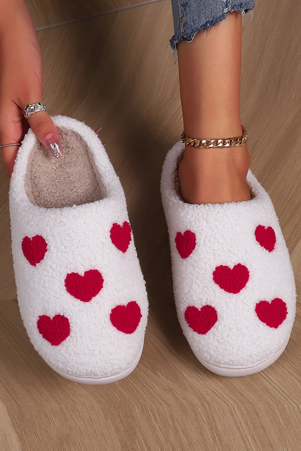 White Valentines Day Hearts Print Plush House Slippers