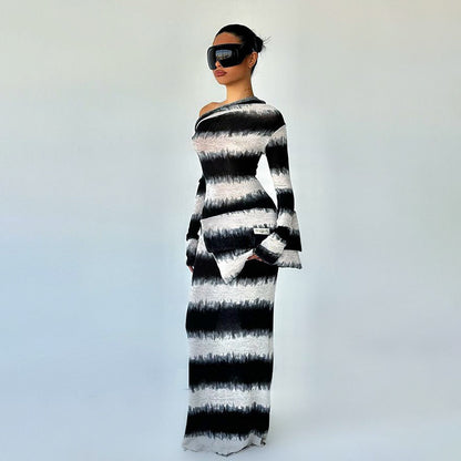 Women's Black And White Striped Asymmetric Shoulder Long Sleeve Dress