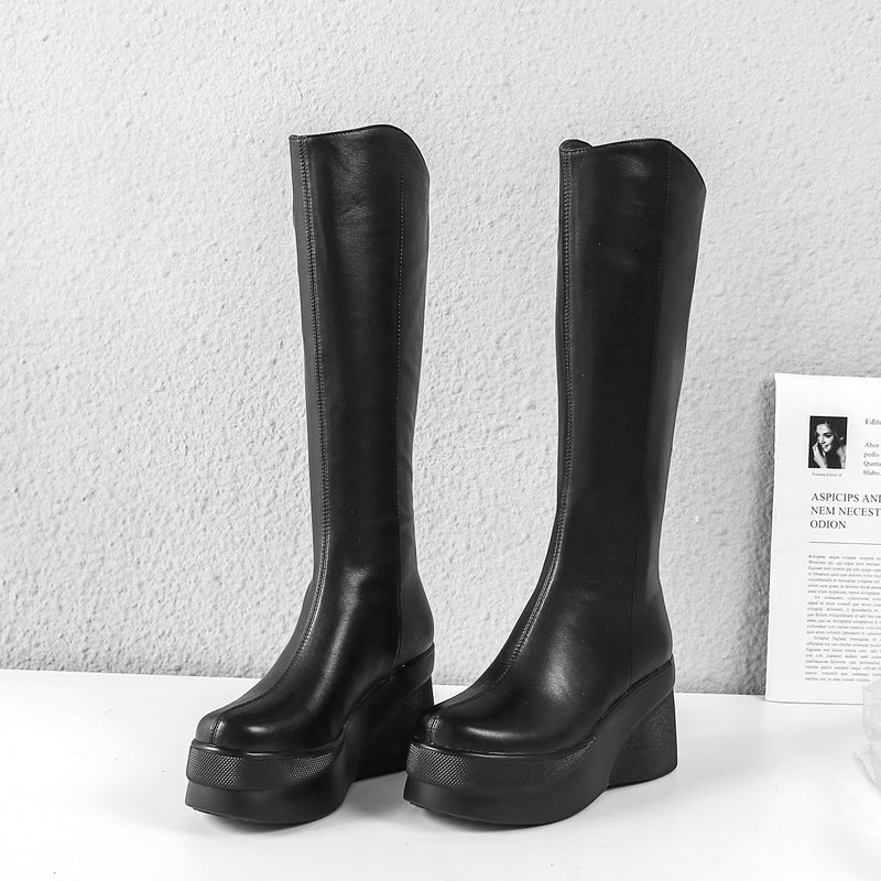 Botas de tacón alto con plataforma de piel de vaca a la moda para mujer