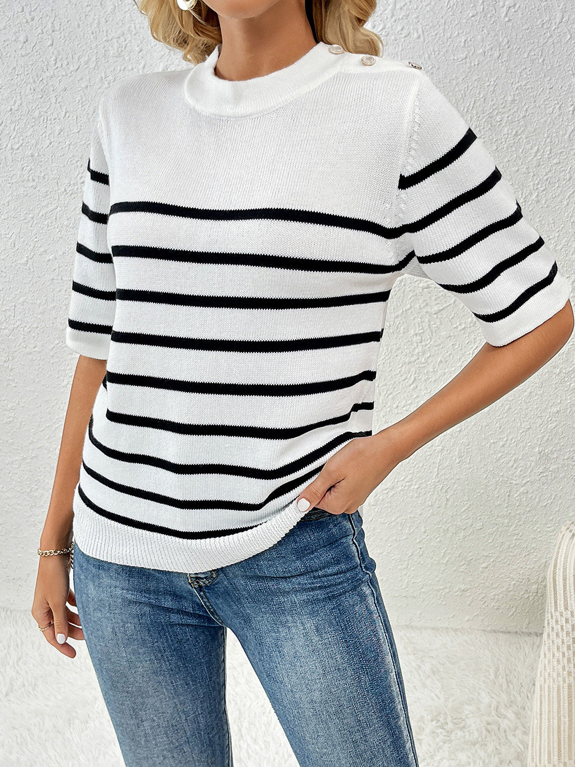 Striped Round Neck Half Sleeve Knit Top