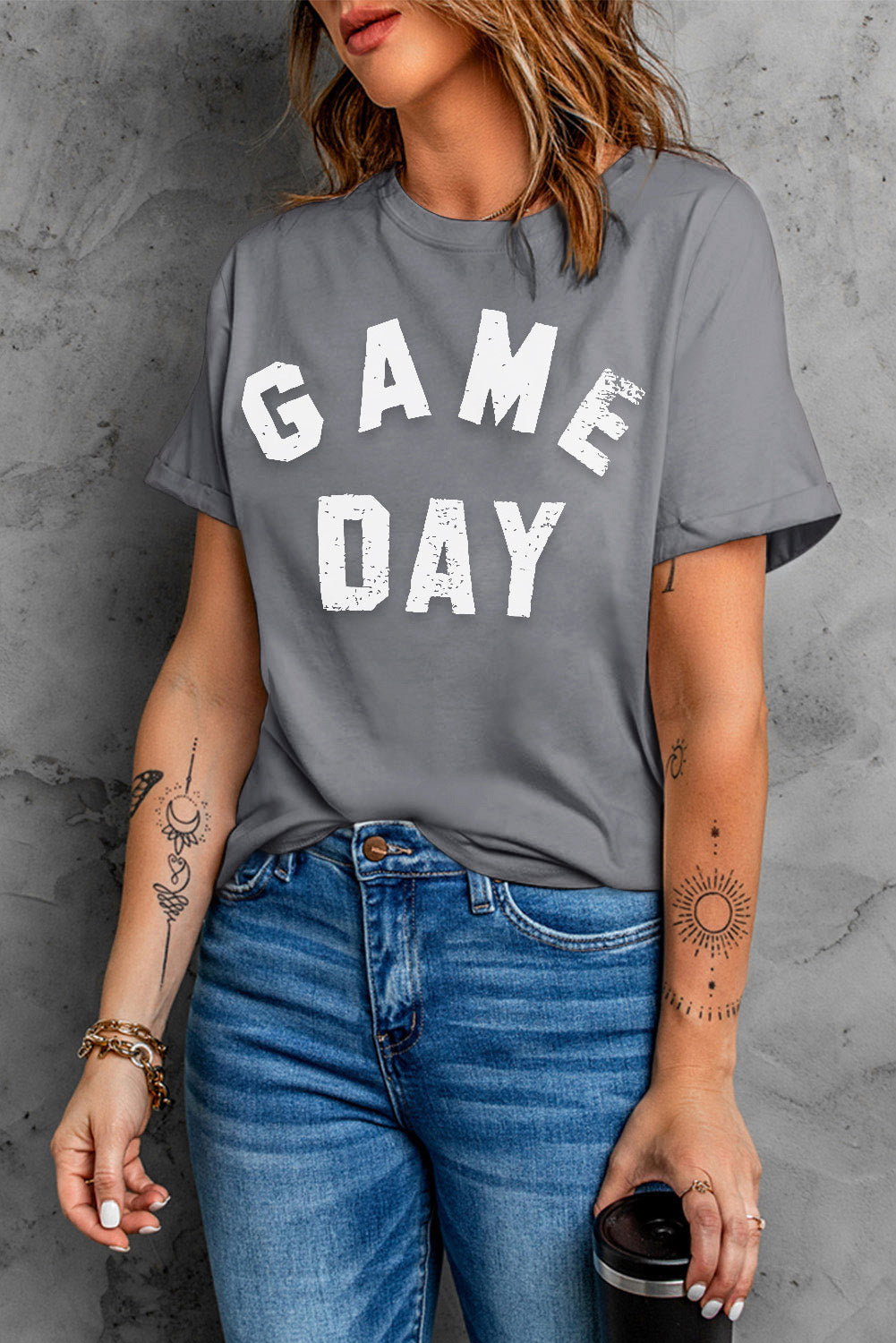 Camiseta gris con gráfico de cuello redondo GAME DAY