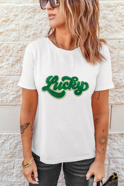 T-shirt graphique blanc St Patrick Lucky Chenille à paillettes patchées