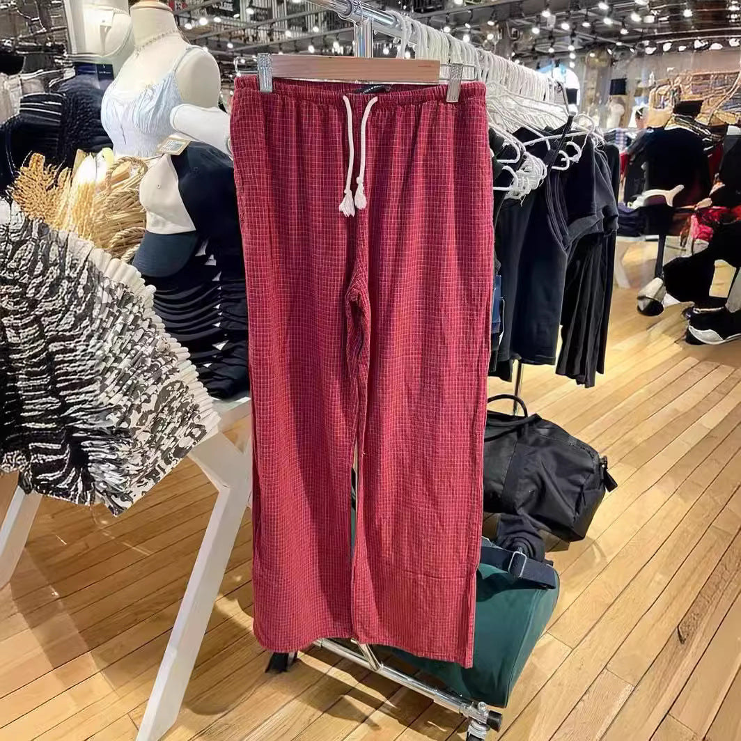 Pantalon décontracté à carreaux rouges pour femmes, ample et élastique, avec cordon de serrage, taille