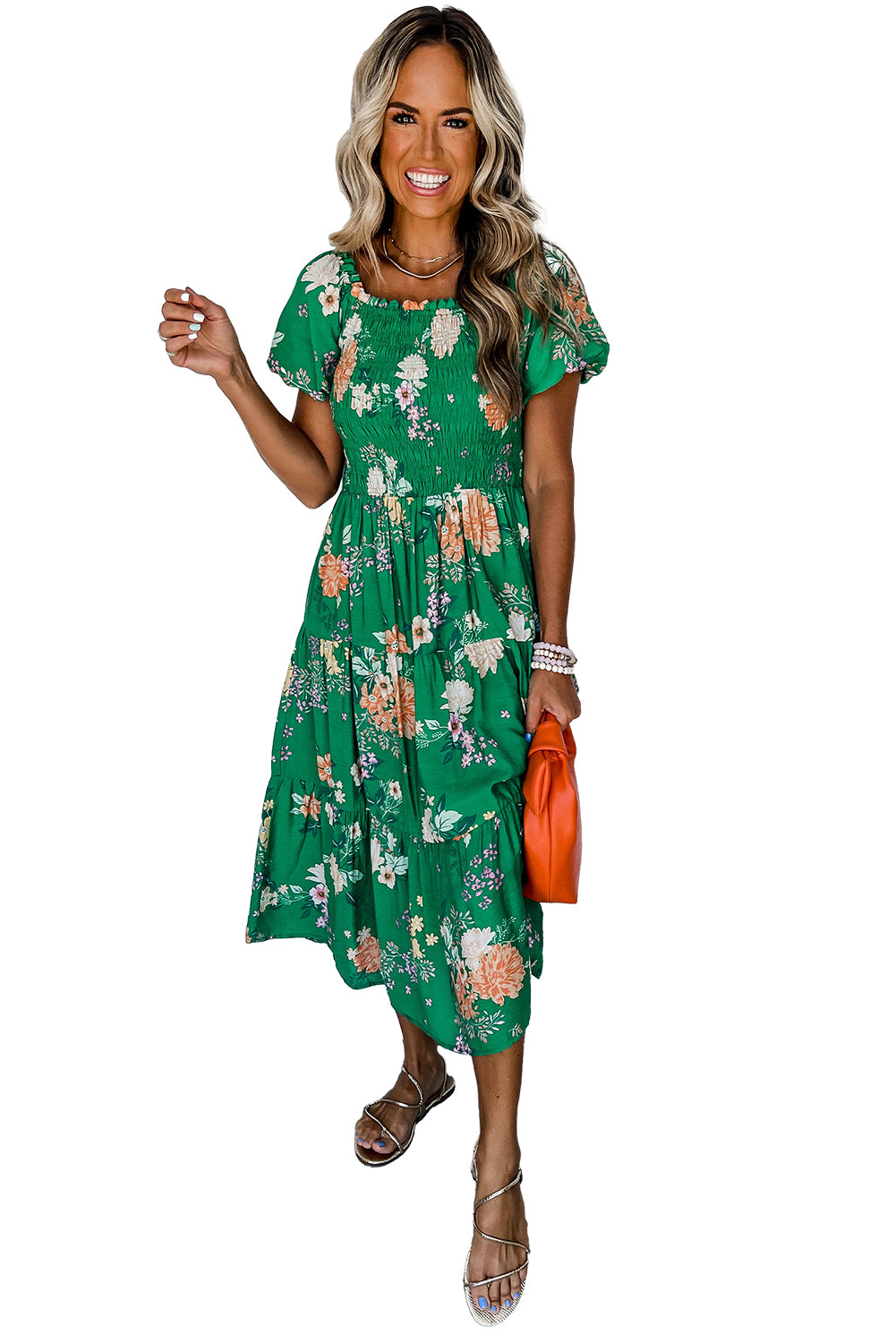 Vestido midi con estampado floral y manga de burbuja fruncido con gradas verde