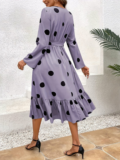 Tied Polka Dot Round Neck Ruffle Hem Dress